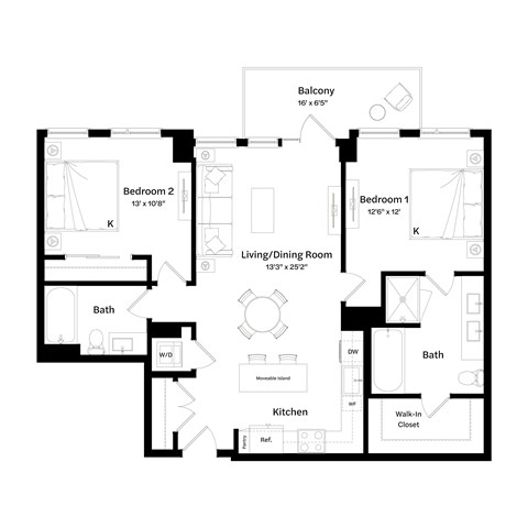 Floor plan for 2 beds, 2 baths, 1087 sqft